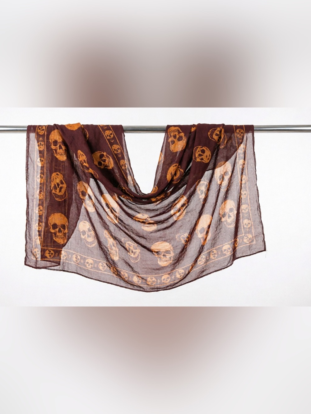 🚩steal Alexander McQueen Brown Scarf with Gold Skull Motif